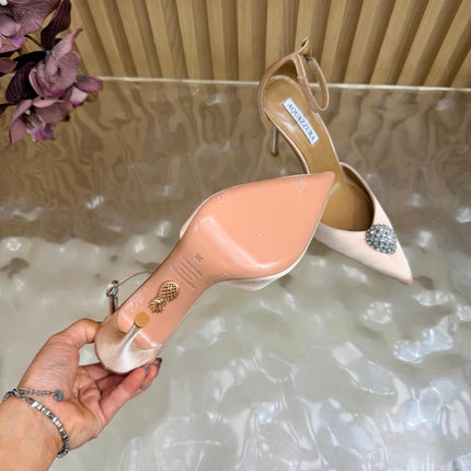 AQUAZZURA 26S POINTED-TOE HIGH HEELS 100 MM IN BEIGE SATIN