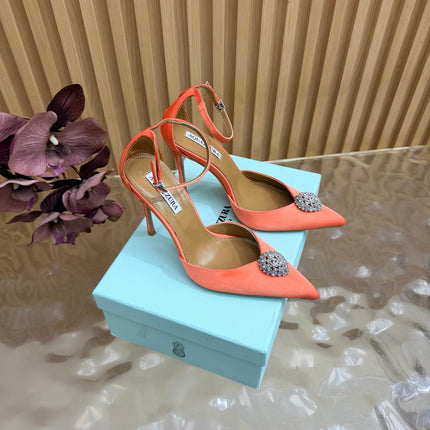 AQUAZZURA 26S POINTED-TOE HIGH HEELS 100 MM IN ORANGE SATIN