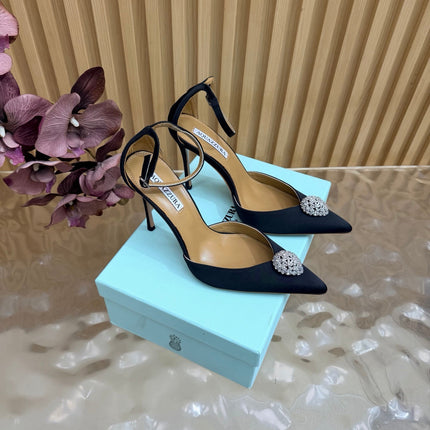 AQUAZZURA 26S POINTED-TOE HIGH HEELS 100 MM IN BLACK SATIN