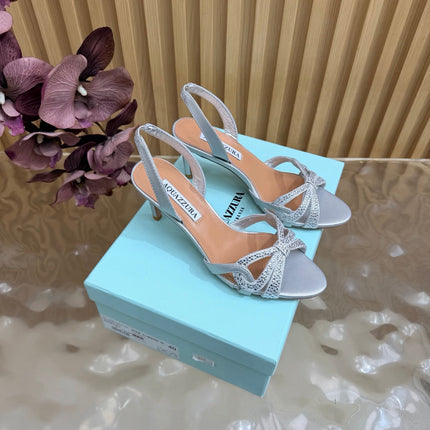 AQUAZZURA 26S HEELED SANDALS 75 MM IN SILVER CALFSKIN