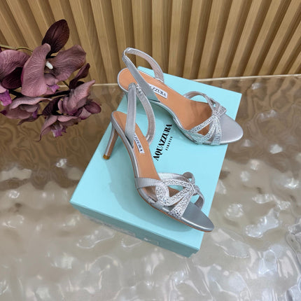 AQUAZZURA 26S HEELED SANDALS 75 MM IN SILVER CALFSKIN