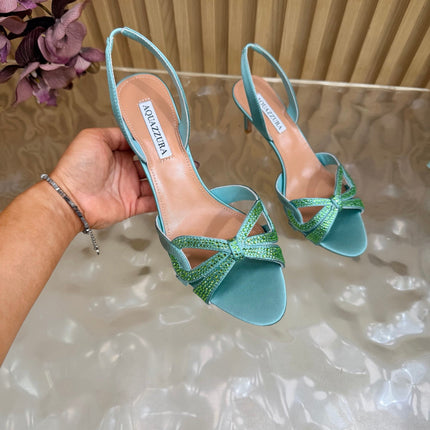 AQUAZZURA 26S HEELED SANDALS 75 MM IN AQUA BLUE SATIN
