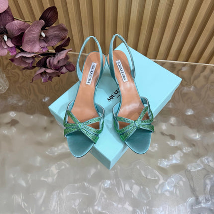 AQUAZZURA 26S HEELED SANDALS 75 MM IN AQUA BLUE SATIN