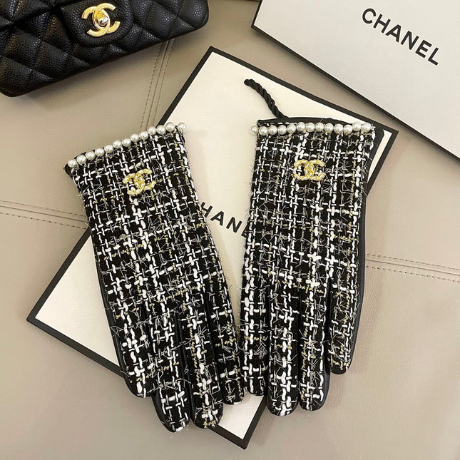 GLOVES IN BLACK MIX WHITE WOOL TWEED AND SHEEPSKIN 463846