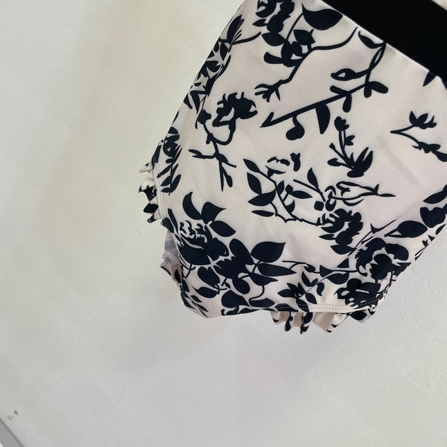 CC BIKINI SWIMSUIT SET IN IVORY WITH BLACK VELVET FLORAL EMBROIDERY 581303