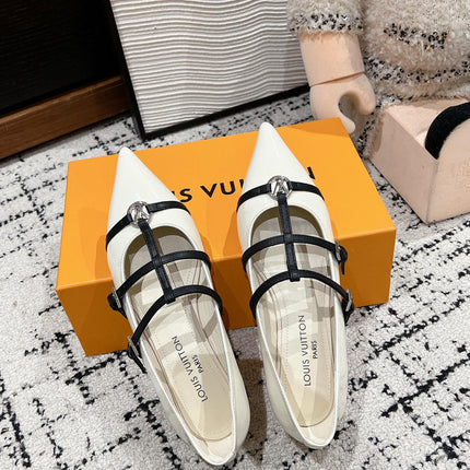 POINTED FLAT SHOES IN WHITE MIX BLACK CALFSKIN