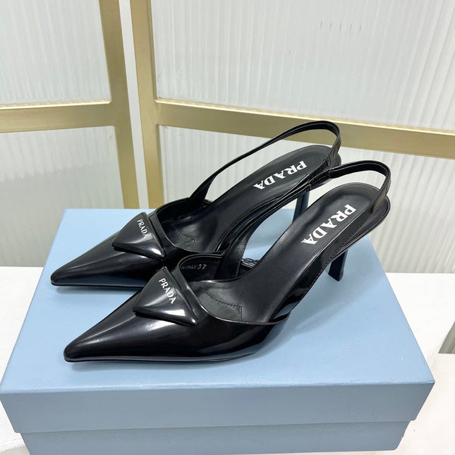 PRADA 26S SLINGBACK HIGH HEEL SANDALS 75MM IN BLACK CALFSKIN WITH LOGO