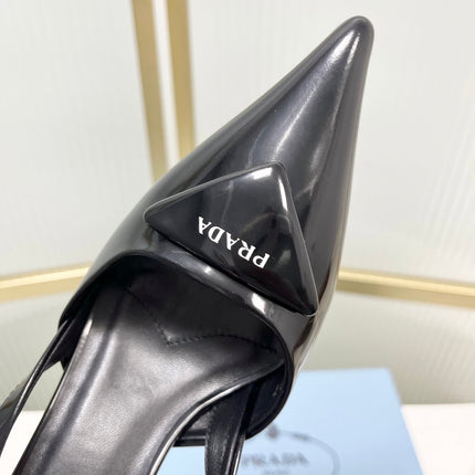 PRADA 26S SLINGBACK HIGH HEEL SANDALS 75MM IN BLACK CALFSKIN WITH LOGO