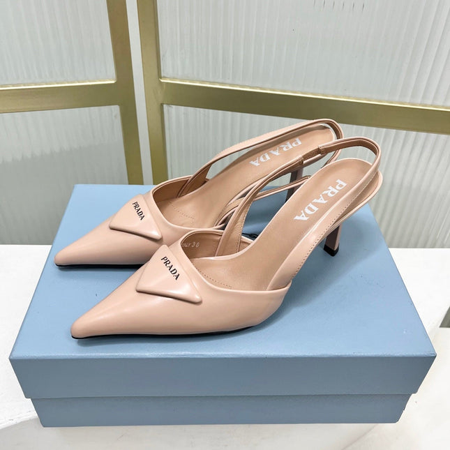 PRADA 26S SLINGBACK HIGH HEEL SANDALS 75MM IN NUDE CALFSKIN WITH LOGO