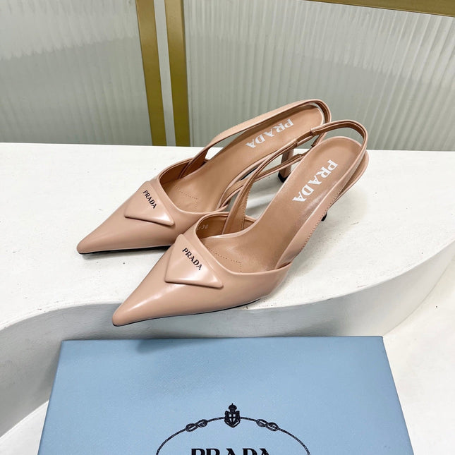 PRADA 26S SLINGBACK HIGH HEEL SANDALS 75MM IN NUDE CALFSKIN WITH LOGO