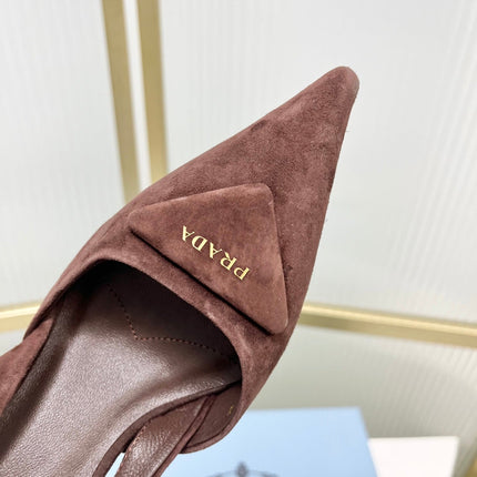 PRADA 26S SLINGBACK HIGH HEEL SANDALS 75MM IN DARK BROWN SUEDE WITH LOGO