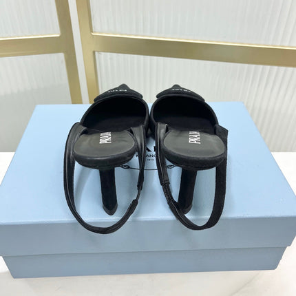 PRADA 26S SLINGBACK HIGH HEEL SANDALS 75MM IN BLACK SUEDE WITH LOGO