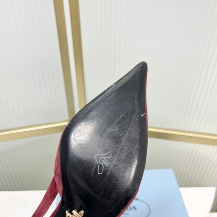 PRADA 26S SLINGBACK HIGH HEEL SANDALS 75MM IN DARK RED SUEDE WITH LOGO