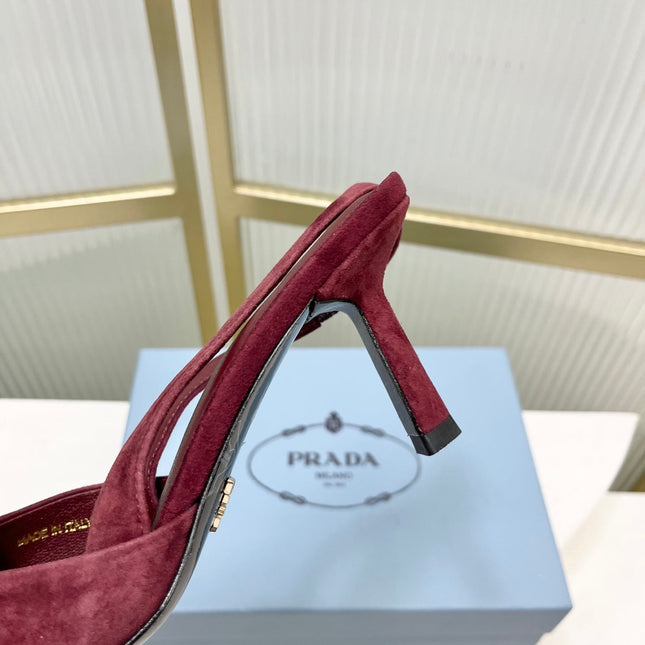 PRADA 26S SLINGBACK HIGH HEEL SANDALS 75MM IN DARK RED SUEDE WITH LOGO