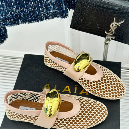 ALAIA MARY JANE SHOES IN BEIGE MESH WITH GOLD HARDWARE