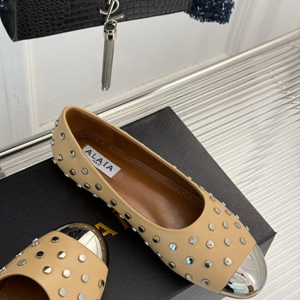 STUD-EMBELLISHED BALLET FLATS IN SEPIA TAN CALFSKIN
