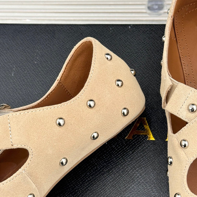 CROSSED STRAP BALLET FLATS IN TUSCAN BEIGE SUEDE