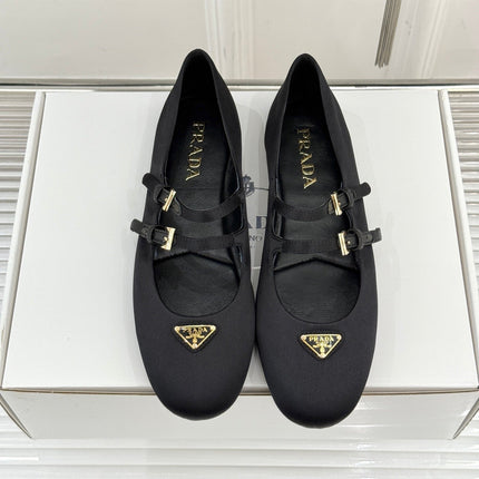 PRADA 25S DOUBLE STRAP BALLERINAS IN BLACK SATIN