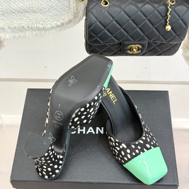 CHANEL POLKA DOT PATTERN MULES IN BLACK MIX GREEN FUR