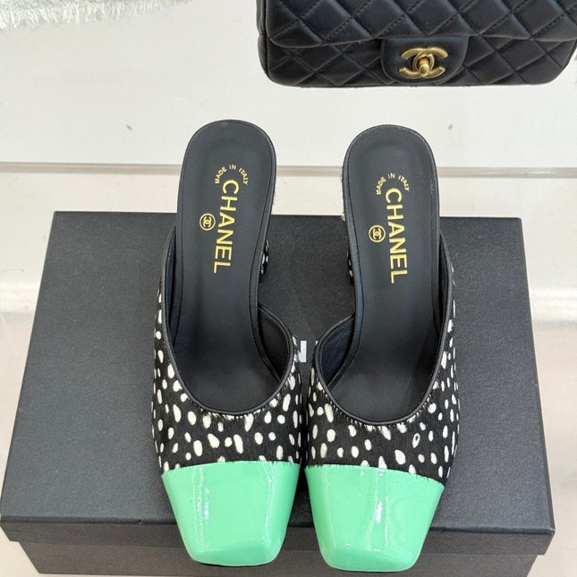 CHANEL POLKA DOT PATTERN MULES IN BLACK MIX GREEN FUR