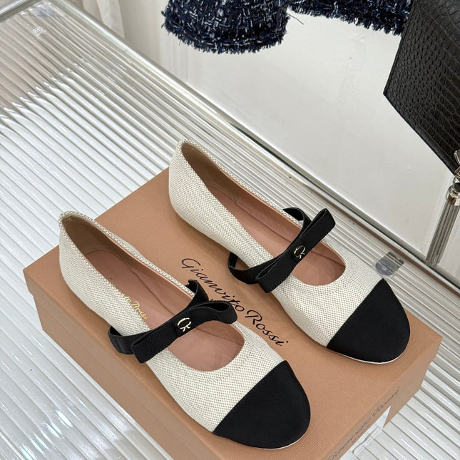 GIANVITO ROSSI 26S MARY JANE FLATS IN BLACK AND WHITE FABRIC