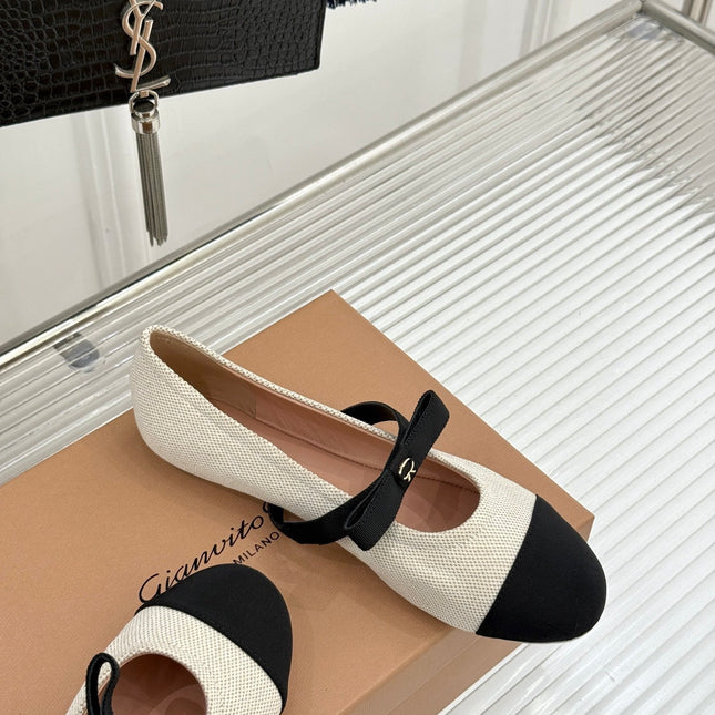 GIANVITO ROSSI 26S MARY JANE FLATS IN BLACK AND WHITE FABRIC