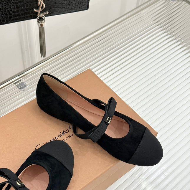 GIANVITO ROSSI 26S MARY JANE FLATS IN BLACK SUEDE AND FABRIC