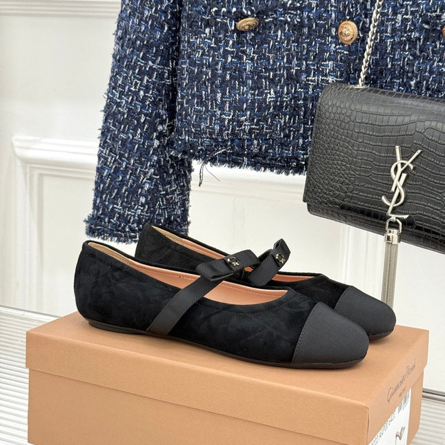 GIANVITO ROSSI 26S MARY JANE FLATS IN BLACK SUEDE AND FABRIC