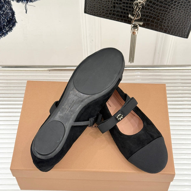 GIANVITO ROSSI 26S MARY JANE FLATS IN BLACK SUEDE AND FABRIC