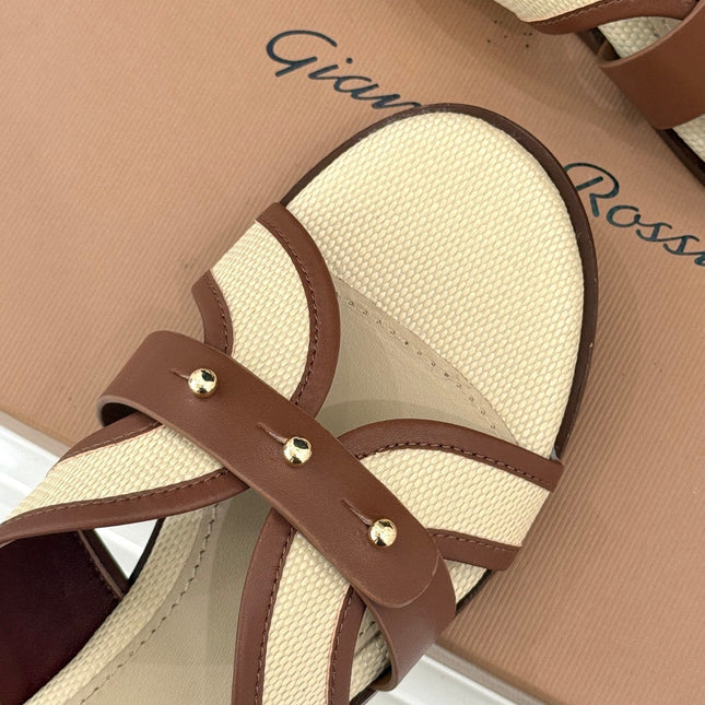 GIANVITO ROSSI 26S STUDDED FLAT SANDALS IN BEIGE CANVAS AND BROWN CALFSKIN