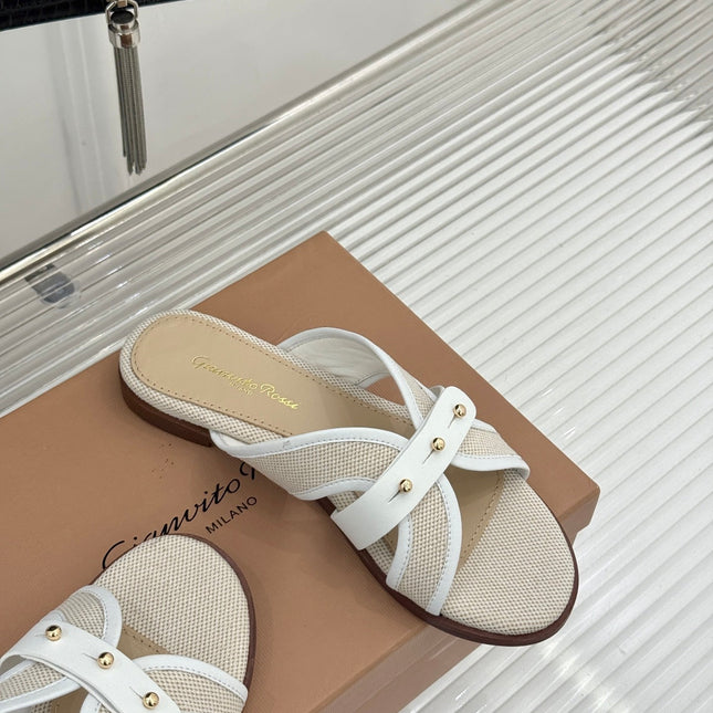 GIANVITO ROSSI 26S STUDDED FLAT SANDALS IN BEIGE CANVAS AND WHITE CALFSKIN