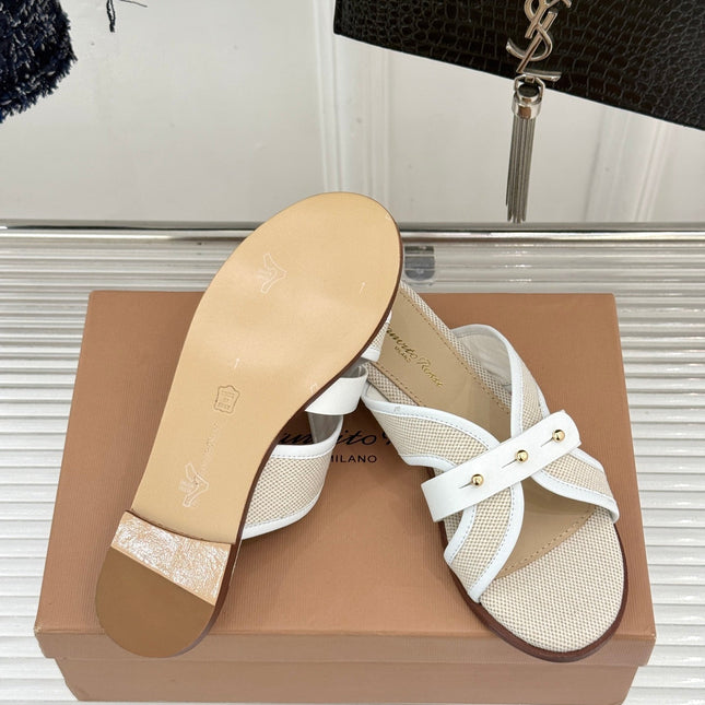 GIANVITO ROSSI 26S STUDDED FLAT SANDALS IN BEIGE CANVAS AND WHITE CALFSKIN