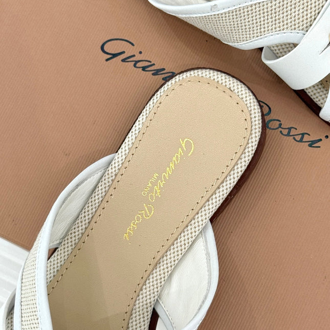 GIANVITO ROSSI 26S STUDDED FLAT SANDALS IN BEIGE CANVAS AND WHITE CALFSKIN