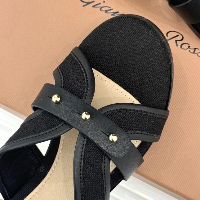 GIANVITO ROSSI 26S STUDDED FLAT SANDALS IN BLACK CANVAS AND CALFSKIN