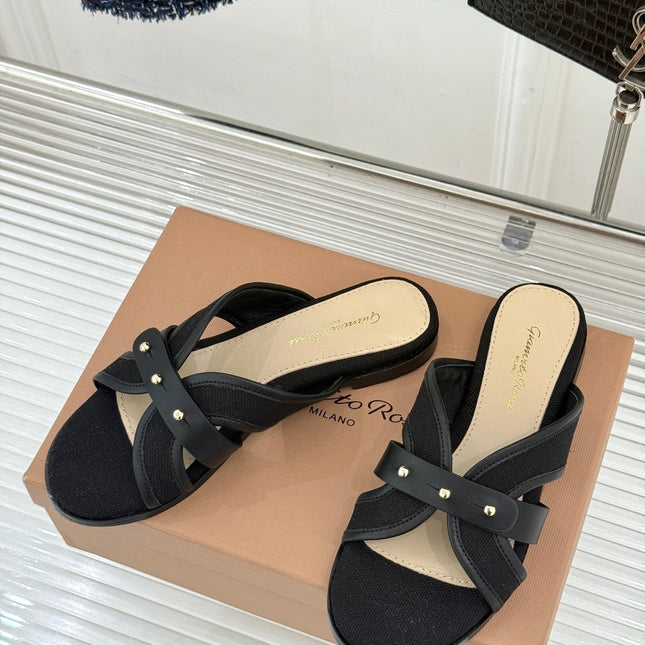 GIANVITO ROSSI 26S STUDDED FLAT SANDALS IN BLACK CANVAS AND CALFSKIN
