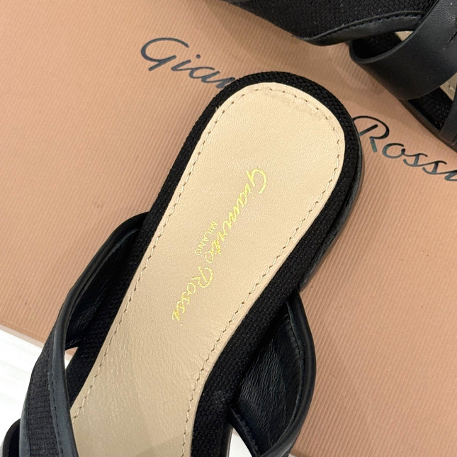 GIANVITO ROSSI 26S STUDDED FLAT SANDALS IN BLACK CANVAS AND CALFSKIN
