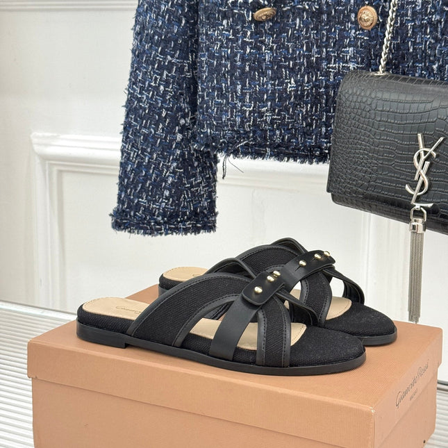 GIANVITO ROSSI 26S STUDDED FLAT SANDALS IN BLACK CANVAS AND CALFSKIN