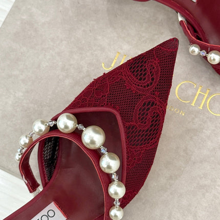 JIMMY CHOO 26S HIGH HEELS 65 MM IN DARK RED LACE PEARL-EMBELLISHED