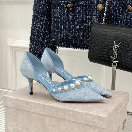 JIMMY CHOO 26S HIGH HEELS 65 MM IN SKY BLUE LACE PEARL-EMBELLISHED
