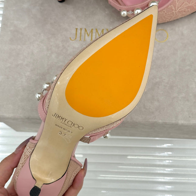 JIMMY CHOO 26S HIGH HEELS 65 MM IN LIGHT PINK LACE PEARL-EMBELLISHED