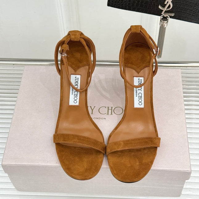 JIMMY CHOO 26S HIGH-HEEL SANDALS 100 MM IN BROWN SUEDE