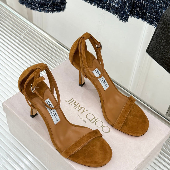 JIMMY CHOO 26S HIGH-HEEL SANDALS 100 MM IN BROWN SUEDE