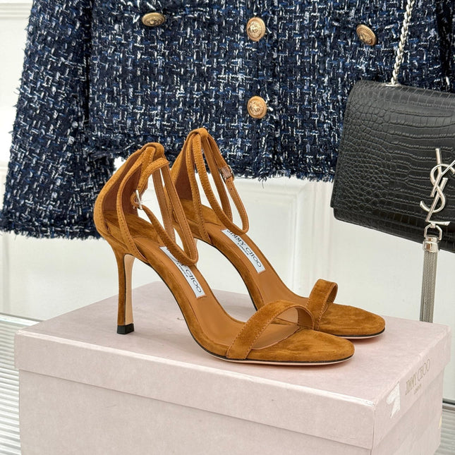 JIMMY CHOO 26S HIGH-HEEL SANDALS 100 MM IN BROWN SUEDE