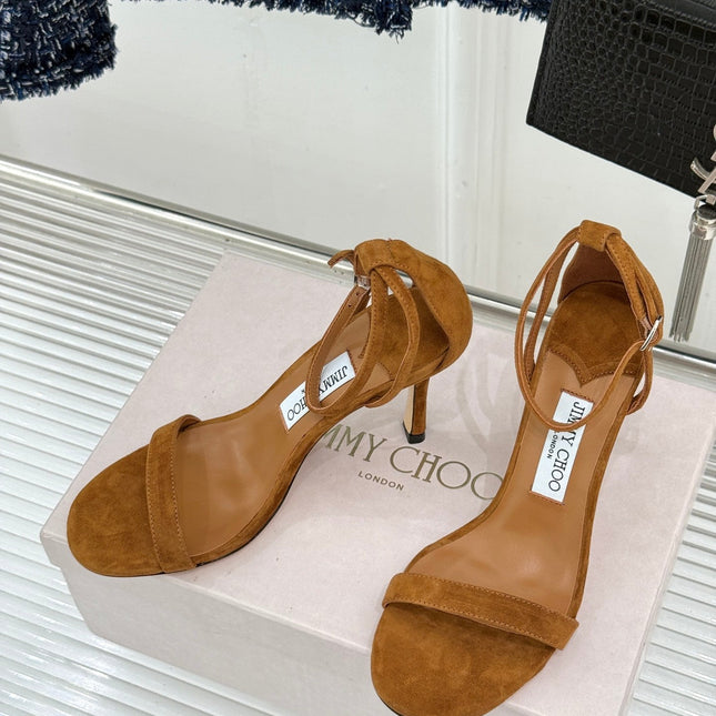 JIMMY CHOO 26S HIGH-HEEL SANDALS 100 MM IN BROWN SUEDE