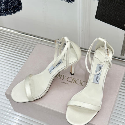 JIMMY CHOO 26S HIGH-HEEL SANDALS 100 MM IN WHITE SATIN AND CALFSKIN