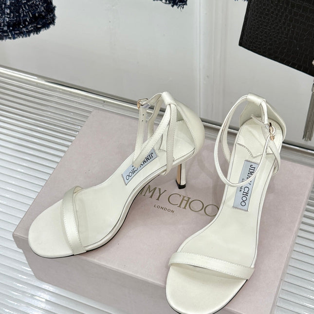 JIMMY CHOO 26S HIGH-HEEL SANDALS 100 MM IN WHITE SATIN AND CALFSKIN
