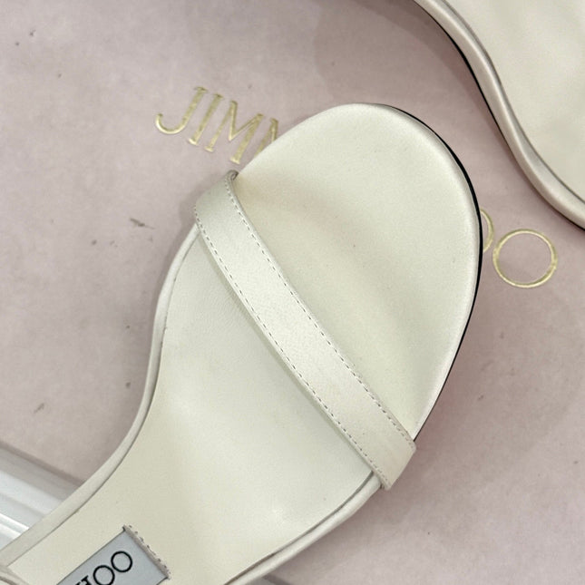 JIMMY CHOO 26S HIGH-HEEL SANDALS 100 MM IN WHITE SATIN AND CALFSKIN