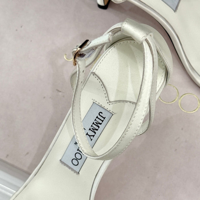 JIMMY CHOO 26S HIGH-HEEL SANDALS 100 MM IN WHITE SATIN AND CALFSKIN