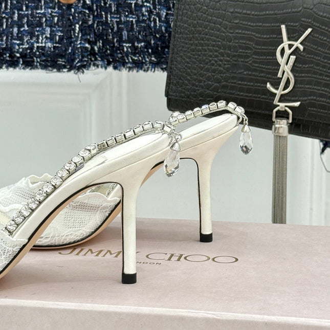 JIMMY CHOO 26S EMBELLISHED HIGH-HEEL SANDALS 85 MM IN WHITE LACE