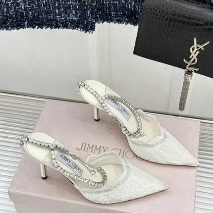 JIMMY CHOO 26S EMBELLISHED HIGH-HEEL SANDALS 85 MM IN WHITE LACE
